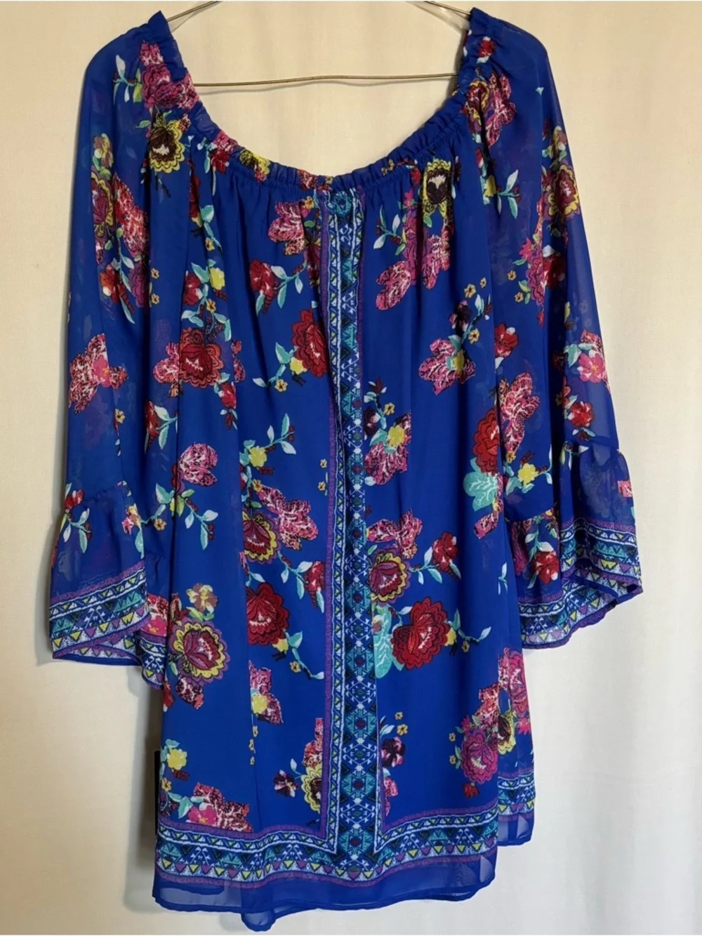 New I.N. Studio Women's 2X Blue Floral Boho Peasant Flowy Blouse - Picture 5 of 7